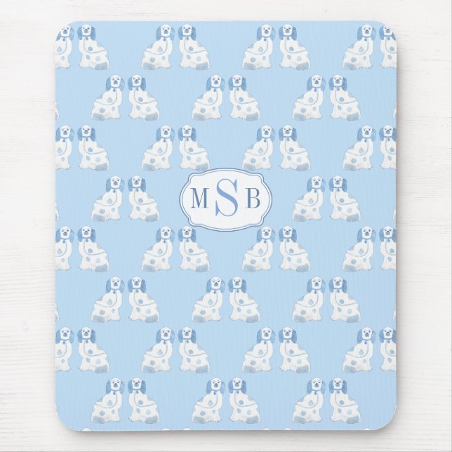 Chinoiserie Stil Hundar Blue och White Monogramme Musmatta (Framsidan)