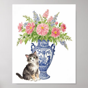 chinoiserie stil-katt med vas färgad blomma poster