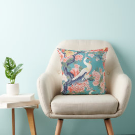 Chinoiserie Teal Blommigt Egret Kudde