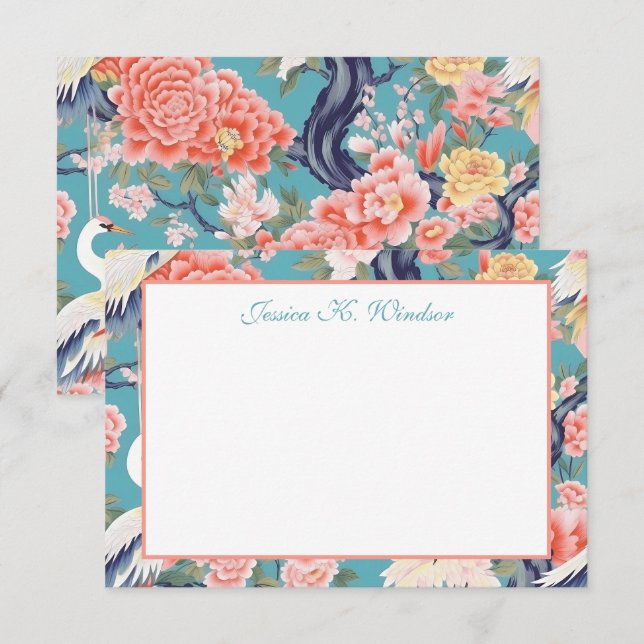 Chinoiserie Teal Blommigt Egret Personlig Tack Kort (Fram/baksida)