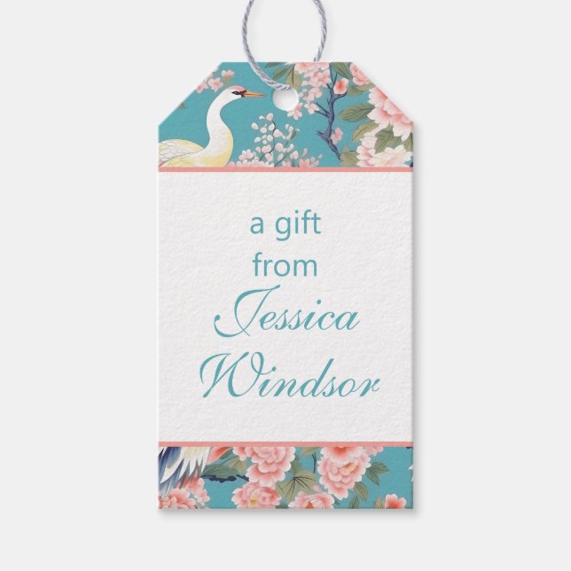 Chinoiserie Teal Blommigt Egret Presentetikett (Framsidan)