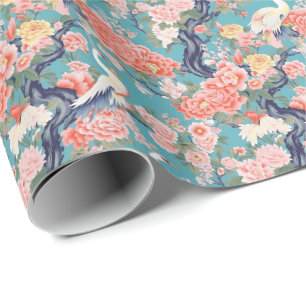 Chinoiserie Teal Blommigt Egret Presentpapper
