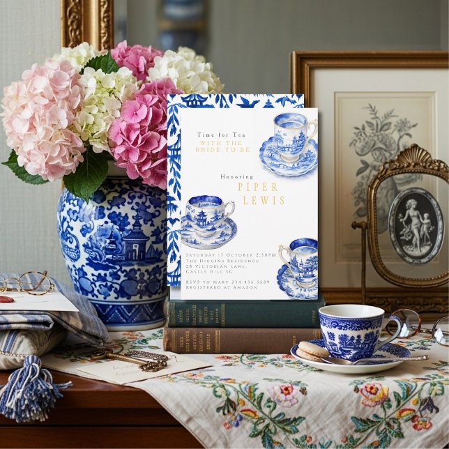 Chinoiserie Time for Tea Bridal Shower Blue  Inbjudningar (Chinoiserie Time for Tea Bridal Shower Blue Invitation)
