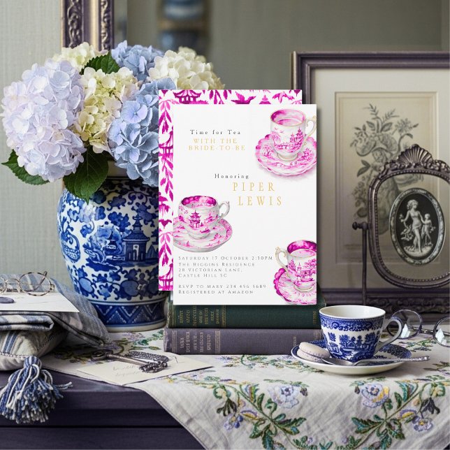 Chinoiserie Time for Tea Bridal Shower Pink  Inbjudningar (Chinoiserie Time for Tea Bridal Shower Pink Invitation)
