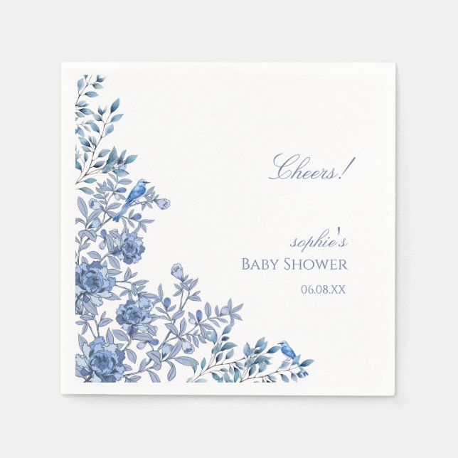 Chinoiserie Toile Blue Floral Baby Shower Pappersservett (Framsidan)