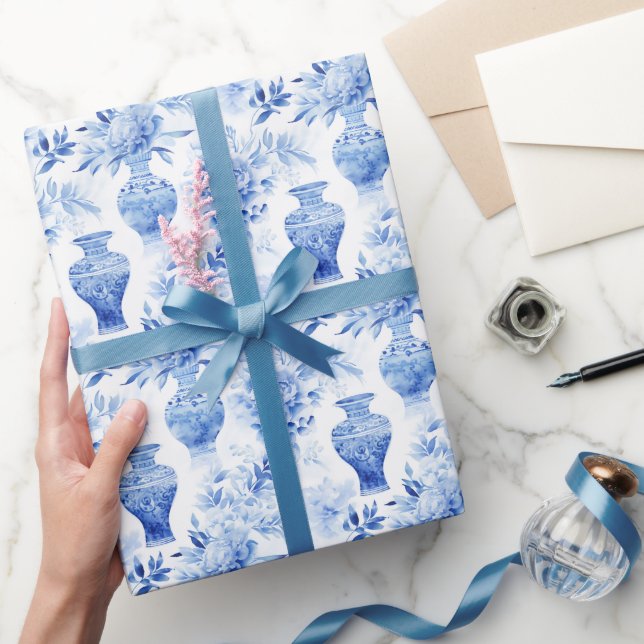 Chinoiserie Toile Blue & White Blommigt Vas Presentpapper (Gifting)