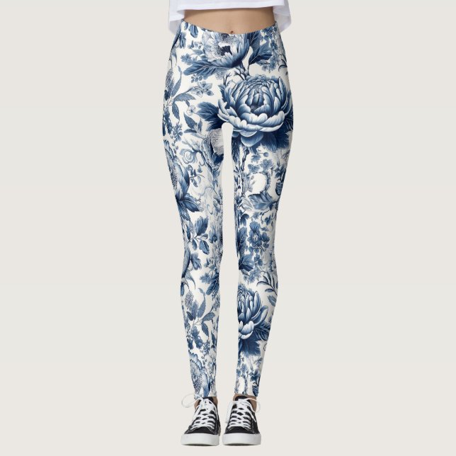 Chinoiserie Toile Blue White Peonies Blommigt Flow Leggings (Framsida)
