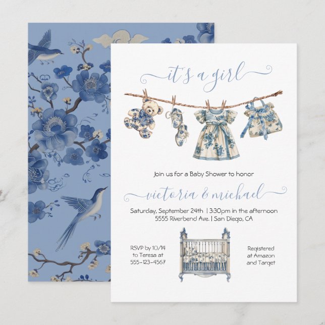 Chinoiserie Toile Clothesline Baby Shower Girl Inbjudningar (Fram/baksida)