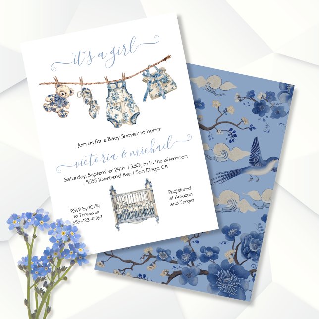 Chinoiserie Toile Clothesline Baby Shower Girl Inbjudningar (Skapare uppladdad)