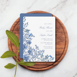 Chinoiserie Toile Dammt blå Blommig Bebisbad Inbjudningar