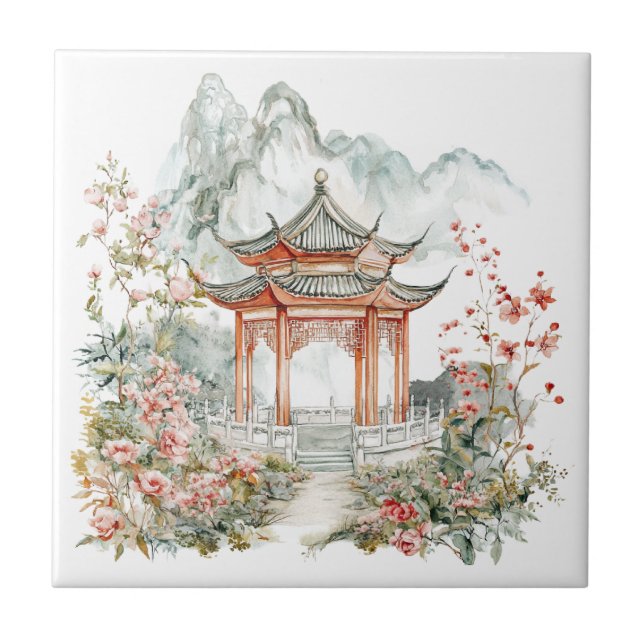 Chinoiserie Toile De Jouy Pagod  Kakelplatta (Framsidan)
