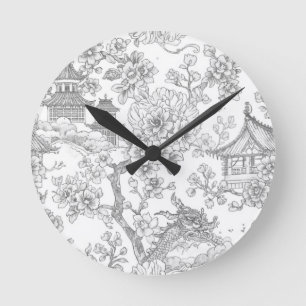 Chinoiserie Toile Drakkörsbärsblomster Dekorativ Rund Klocka