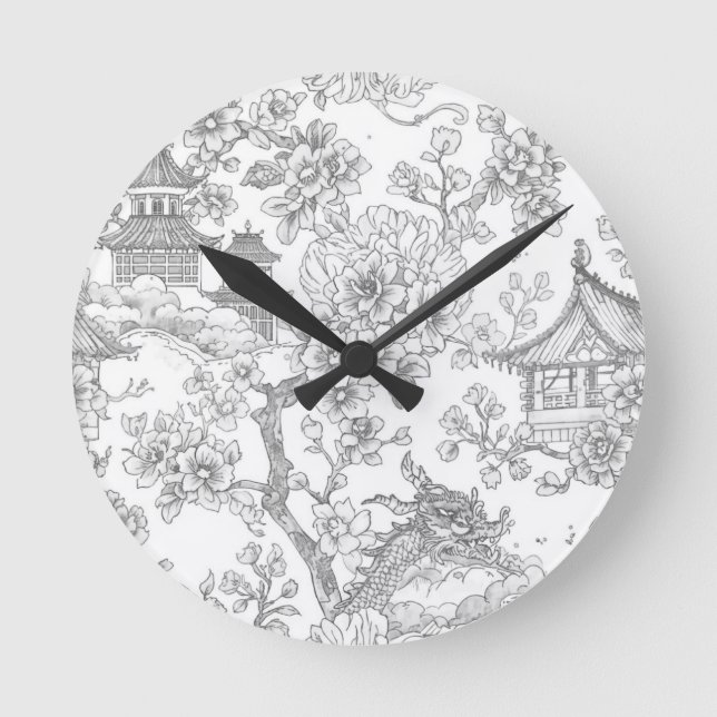 Chinoiserie Toile Drakkörsbärsblomster Dekorativ Rund Klocka (Framsida)