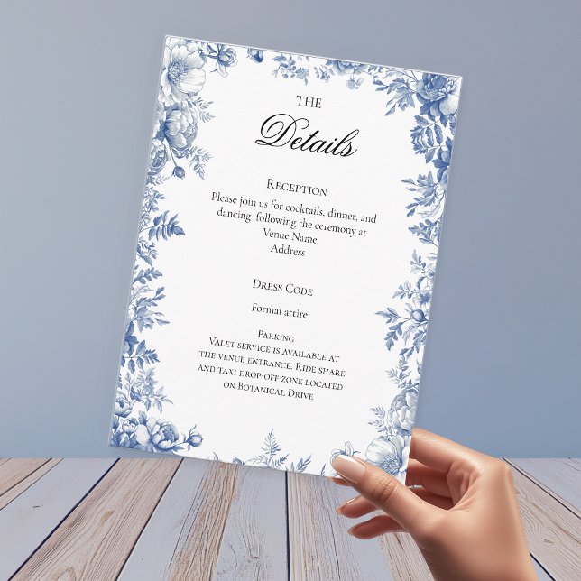 Chinoiserie Toile French Blue Wedding Details Tilläggskort (Dusty Blue Toile Wedding Details Enclosure Card
)