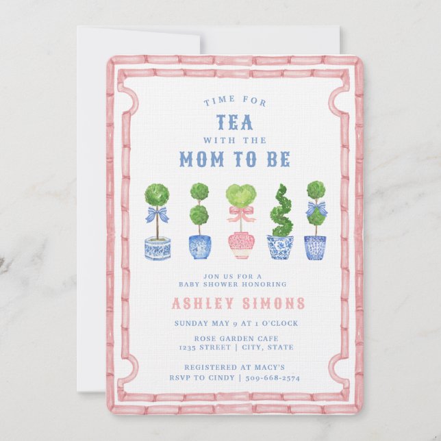 Chinoiserie Topiary Baby Shower | Rosa Tea Party Inbjudningar (Framsida)
