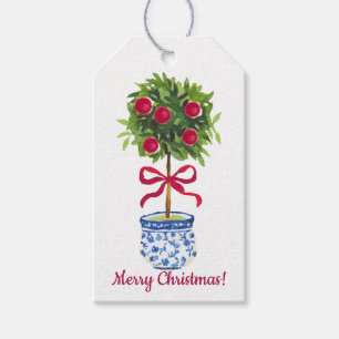 Chinoiserie Topiary jul, Blue White Helgdag Presentetikett