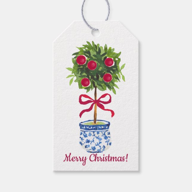 Chinoiserie Topiary jul, Blue White Helgdag Presentetikett (Framsidan)