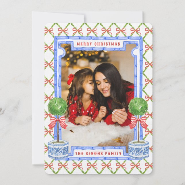 Chinoiserie Topiary med Red Bows | Jul Inbjudningar (Framsida)