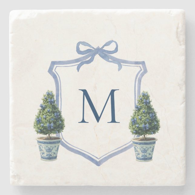 Chinoiserie Topiary Monogrammerad Vapen Stenunderlägg (Framsidan)
