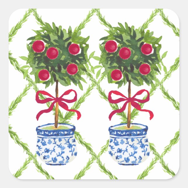 Chinoiserie Topiary Red jul Fyrkantigt Klistermärke (Framsida)
