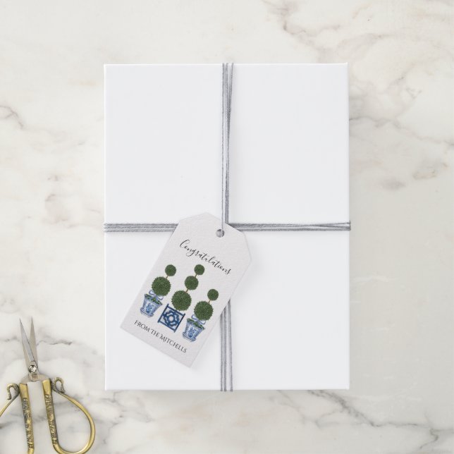 Chinoiserie Topiary Träd med Blue Bow Presentetikett (Med Snöre)