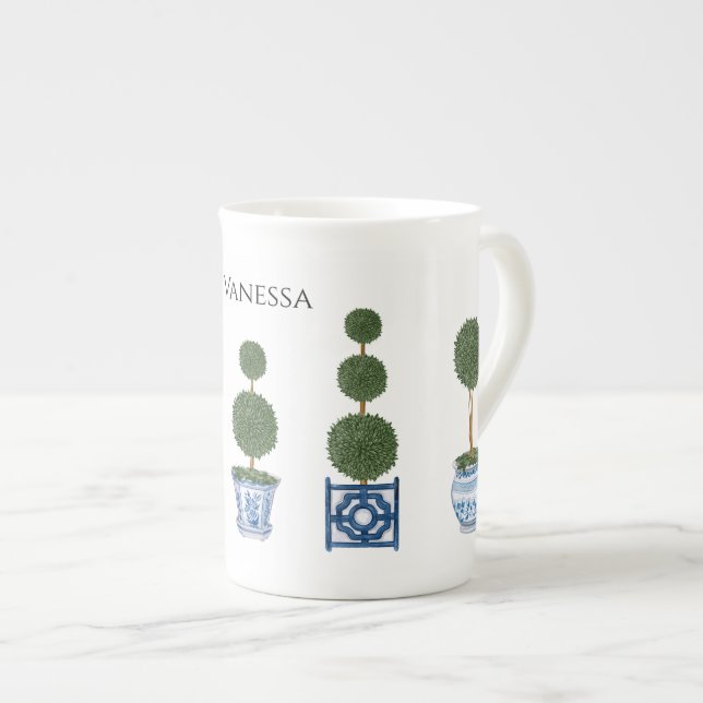 Chinoiserie Topiary Träd Trio Ceramic Benporslin Mugg (Framsida höger)