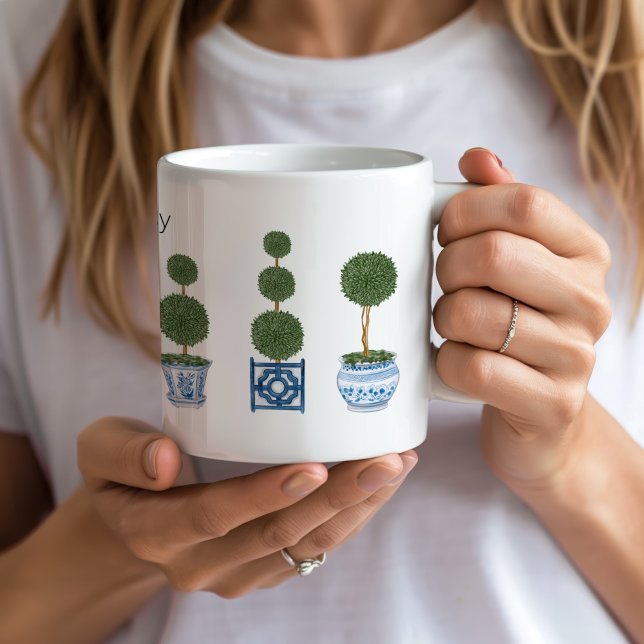 Chinoiserie Topiary Träd Trio Keramik  Kaffemugg (personalized topiary tree chinoiserie mug custom name)