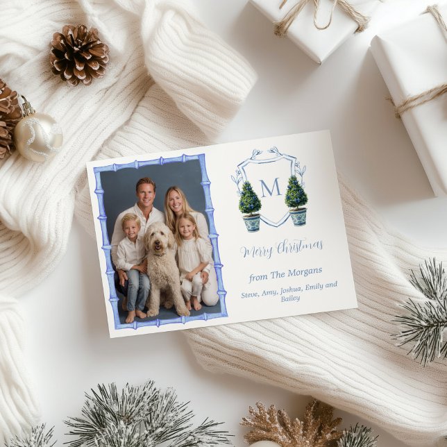 Chinoiserie Trädgårdsformklippt Träd Monogram Foto Julkort (Chinoiserie Topiary Tree Holiday Photo Card)