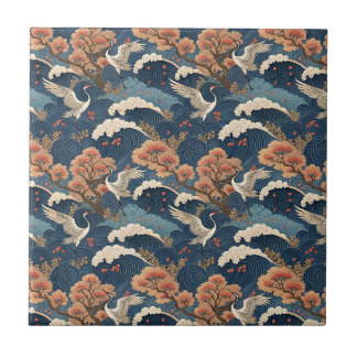 Chinoiserie Trana & Körsbärsblom Japansk Design Kakelplatta