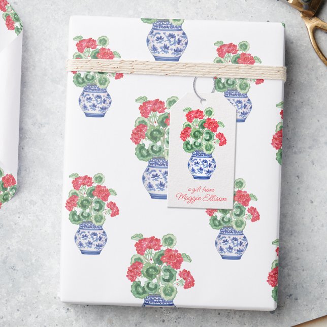 Chinoiserie Vas i Red Geraniums Personlig Presentetikett (Skapare uppladdad)
