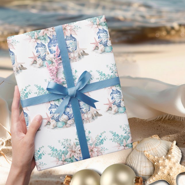 Chinoiserie Vas med Eucalyptus och Poinsettias Presentpapper (Chinoiserie Vases with Eucalyptus & Poinsettias Wrapping Paper)