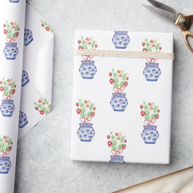 Chinoiserie Vas of Red Strawbär Presentpapper (Skapare uppladdad)