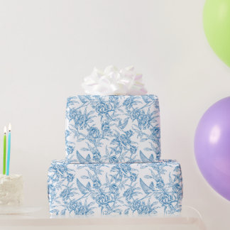 Chinoiserie Vintage Blå Ros Blommotiv Fågel Presentpapper