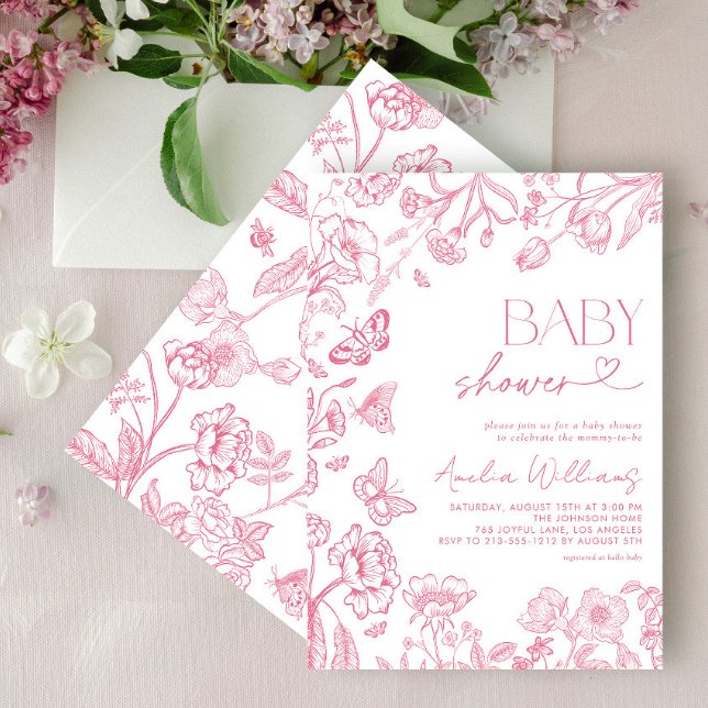 Chinoiserie Vintage Blommigt Rosa Script Baby Show Inbjudningar (Skapare uppladdad)