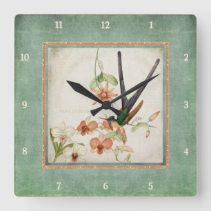 Chinoiserie Vintage Hummingbird n Flowers Coral Fyrkantig Klocka