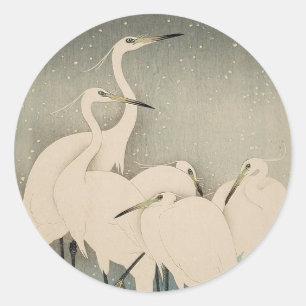Chinoiserie Vit Hägring Vintersnö Mönster Runt Klistermärke