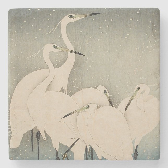 Chinoiserie Vit Hägring Vintersnö Mönster Stenunderlägg (Framsidan)