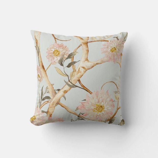 Chinoiserie Watercolor Blommigt Dusty Blue n Rosa Kudde (Framsida)