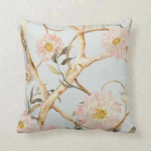 Chinoiserie Watercolor Blommigt Dusty Blue n Rosa Kudde