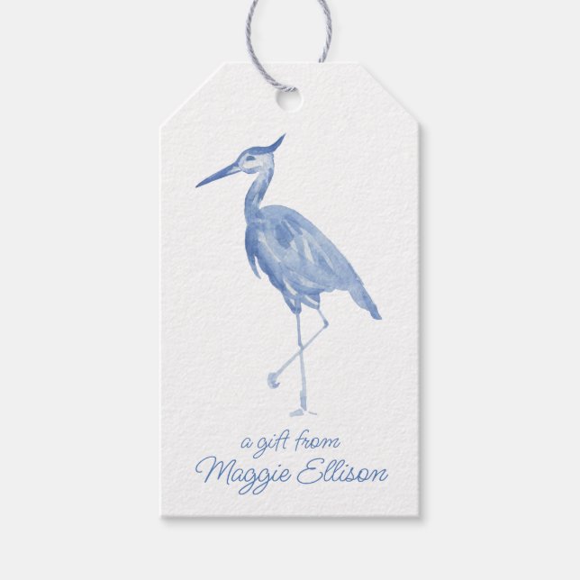 Chinoiserie Watercolor Blue Heron Bird Gift-Märkre Presentetikett (Framsidan)