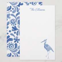 Chinoiserie Watercolor Blue Heron Bird Stationery