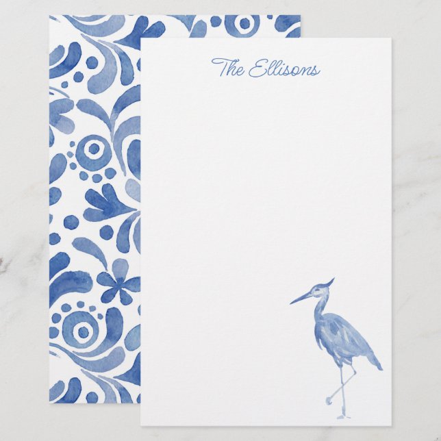 Chinoiserie Watercolor Blue Heron Bird Stationery Brevpapper (Fram/baksida)