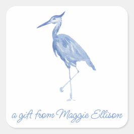 Chinoiserie Watercolor Blue Heron Gift Stickers Fyrkantigt Klistermärke