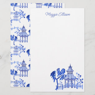 Chinoiserie Watercolor Blue Pagoda Brevpapper