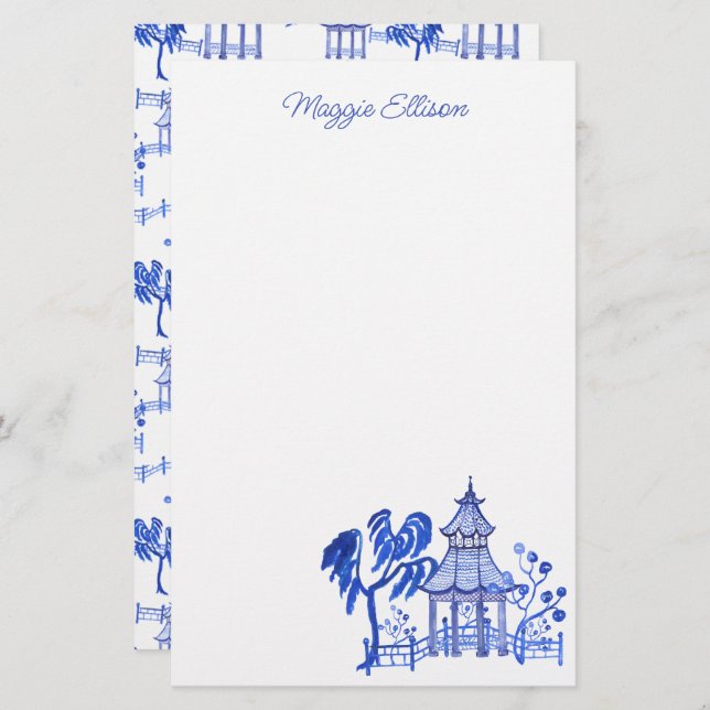 Chinoiserie Watercolor Blue Pagoda Brevpapper (Fram/baksida)