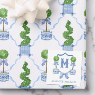 Chinoiserie Watercolor Bow Topiary Monogram Vapens Anteckningskort