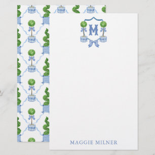 Chinoiserie Watercolor Bow Topiary Monogram Vapens Brevpapper