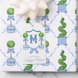 Chinoiserie Watercolor Bow Topiary Monogram Vapens Presentetikett
