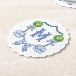 Chinoiserie Watercolor Bow Topiary Monogram Vapens Underlägg Papper