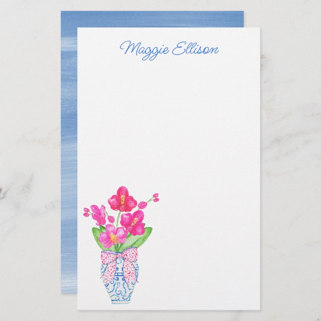 Chinoiserie Watercolor Ginger Burk Orchid Brevpapper (Fram/baksida)